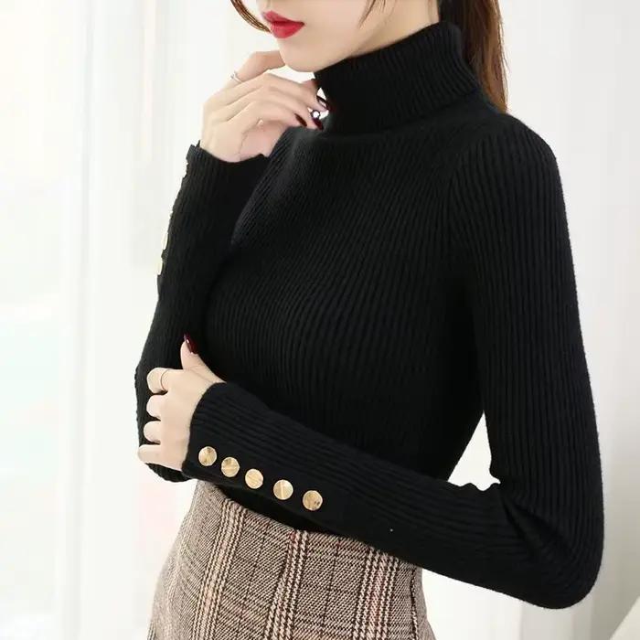 Tricoté col roulé femmes Pull bouton à manches longues pulls automne hiver basique Femme chandails mince solide