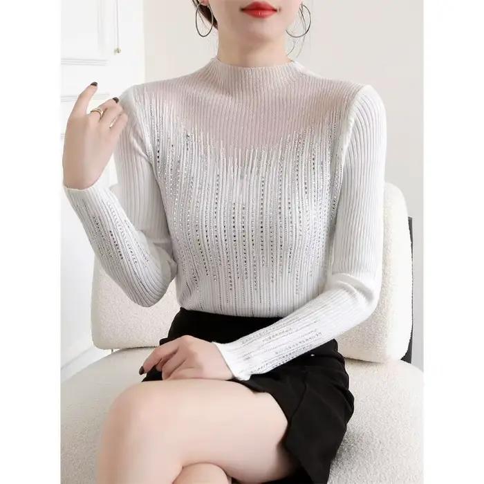 Pull diamant chaud pour femmes, pull ajouré à manches longues, coupe ample, décontracté, polyester léger, pour automne et sports