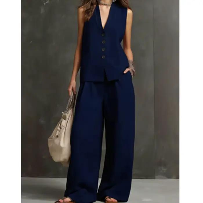Ensemble deux pièces d'été pour femme : Gilet sans manches et pantalon large en lin