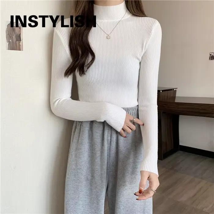 Femmes automne hiver pull à col roulé Vintage solide basique tricoté hauts décontracté mince