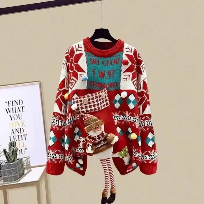 Pull de Noël pour femmes ample et épais rouge pour automne hiver 2025 confortable et élégant occassions spéciales