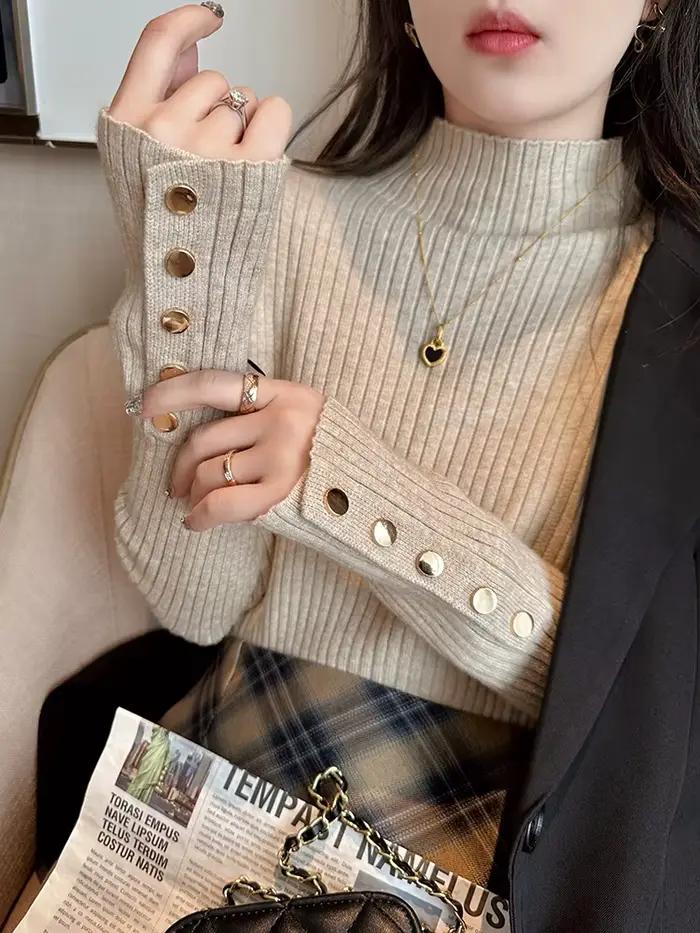 Pulls épais pour femmes 2026 – Chandail décontracté chic à col rond et boutons pour l'automne et l'hiver – Haut tricoté doux et ajusté pour femme