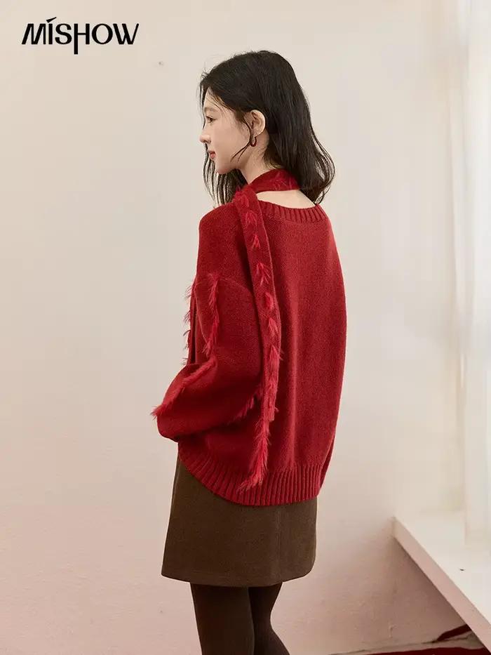 MISHOW noël tricoté pull femmes 2025 hiver bordeaux col en v hauts amples vison fourrure gland avec écharpe cravate chandails MXE93Z2809
