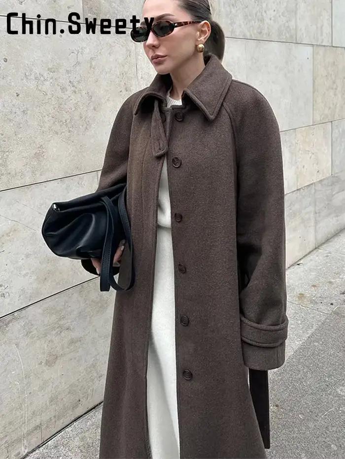 Manteau long en laine gris élégant avec col rabattu et boutons pour femmes, pour les occasions automnales et hivernales