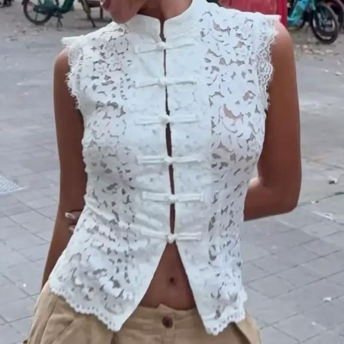 Chemisier sans manches en dentelle guipure à col mandarin et fente pour femme