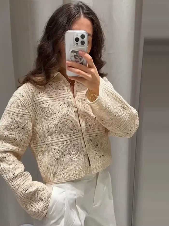Crochet évider Cardigan Shorts costumes femmes élégant revers à manches longues simple boutonnage manteaux taille basse