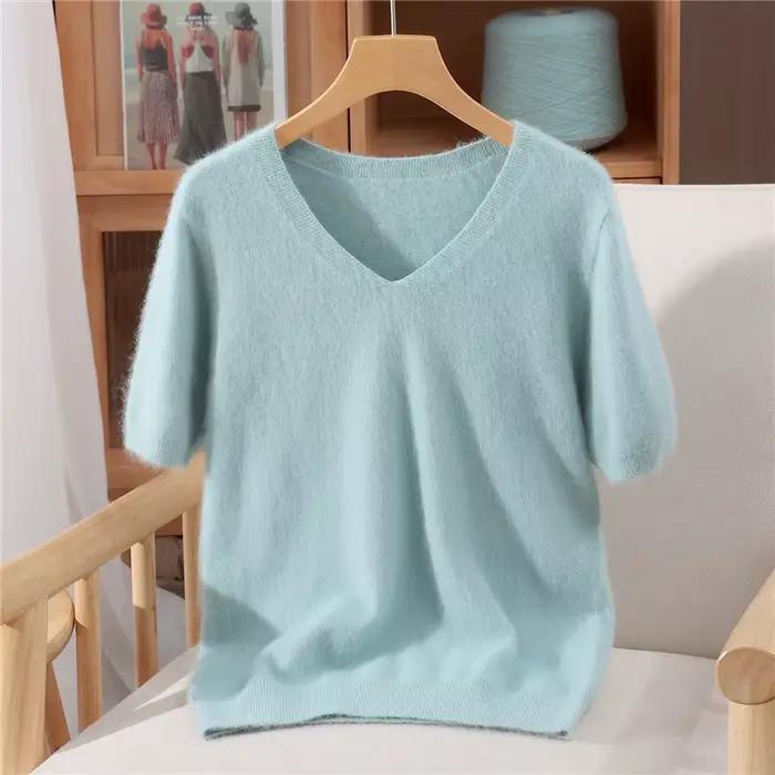 Pull à col en V en cachemire de vison pur pour femmes, élégant et polyvalent pour les occasions de printemps et d'automne