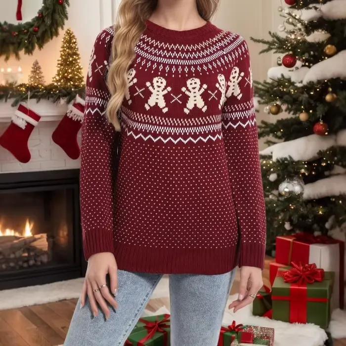 2025 automne et hiver pull de noël en vrac tricoté à pois flocon de neige dessin animé femmes