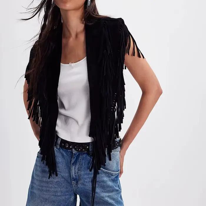 Gilet en daim vintage Y2K pour femme, style hippie années 70, sans manches, ouvert sur le devant, avec franges et patchwork, col à franges