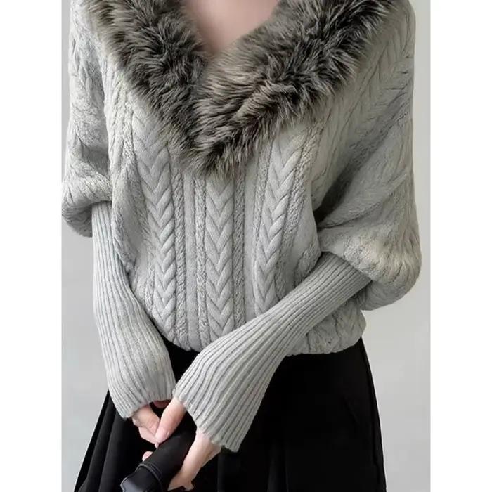 Pull tricoté rétro à grand col en v pour femmes