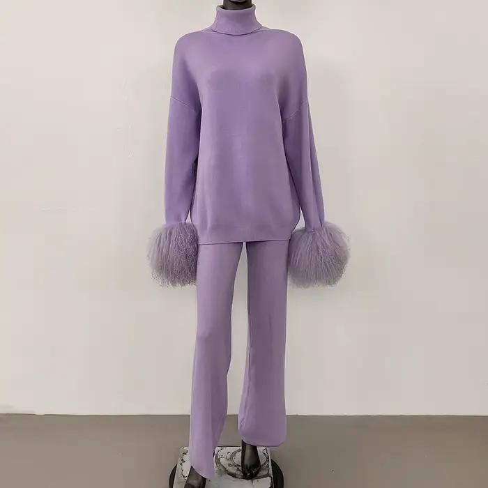 DEBAIFUR 2025 printemps automne Cardigan réel mongolie mouton fourrure pull femmes tricoté pantalons longs ensembles col haut tricots femme