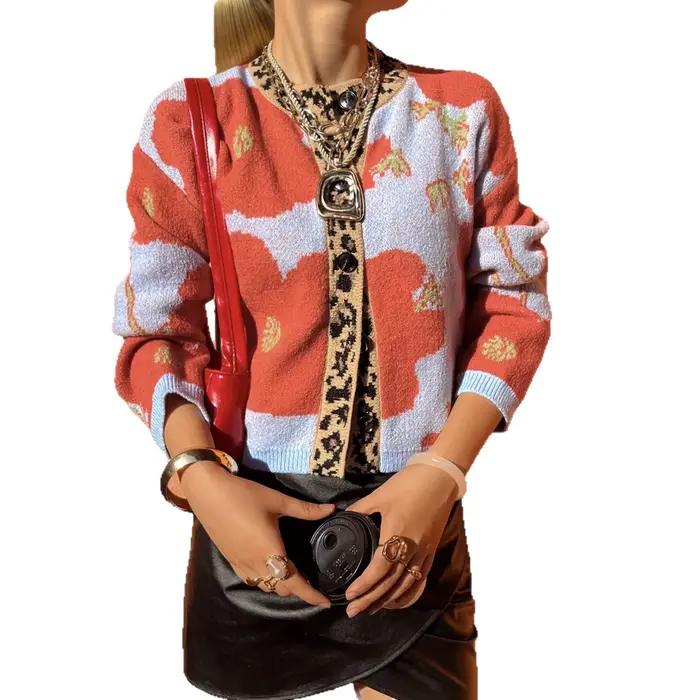 Cardigan en tricot à col rond à manches longues à imprimé léopard décontracté