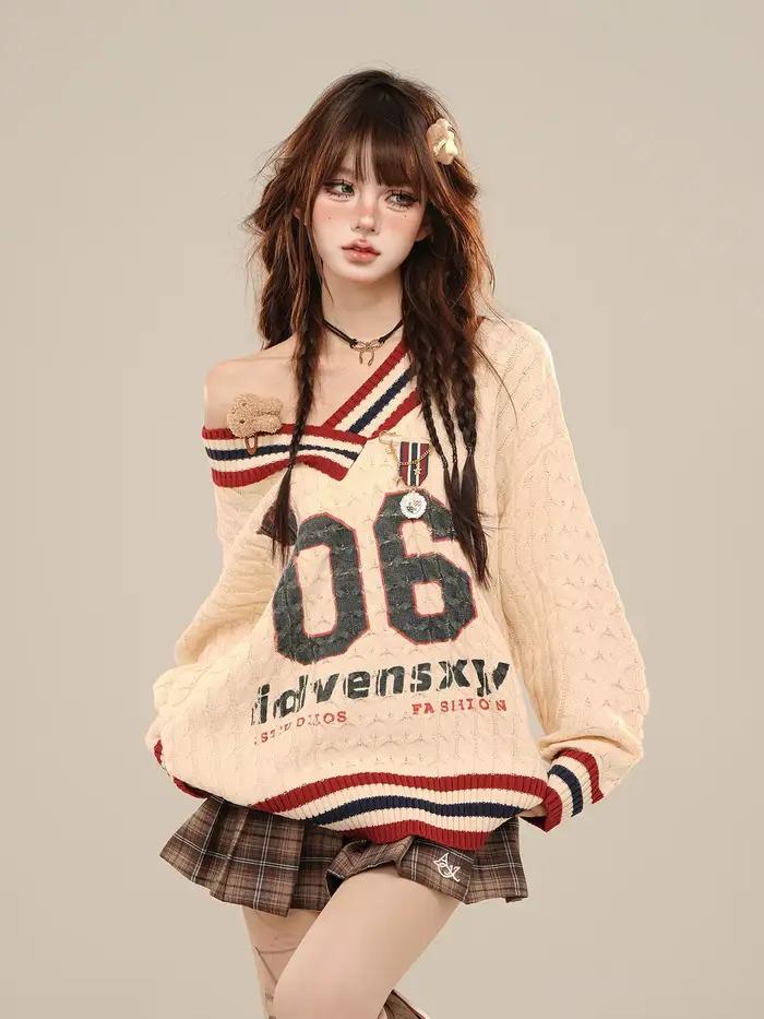 Pull ample col en V en polyester et laine pour femmes, style décontracté, motif lettre, occasions spéciales