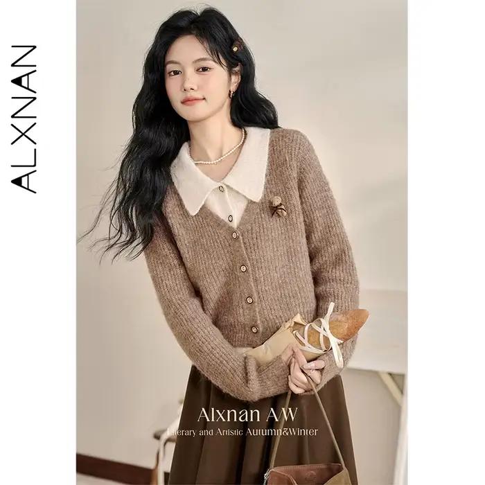 ALXNAN femmes Cardigan faux deux pièces conception régulière épaule bouton patte chandails doux pulls femme L51016