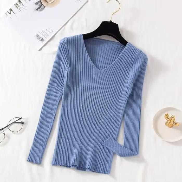 Pull décontracté en polyester et coton à col en V pour femmes, idéal pour l'automne et l'hiver, avec des couleurs vives et une coupe régulière
