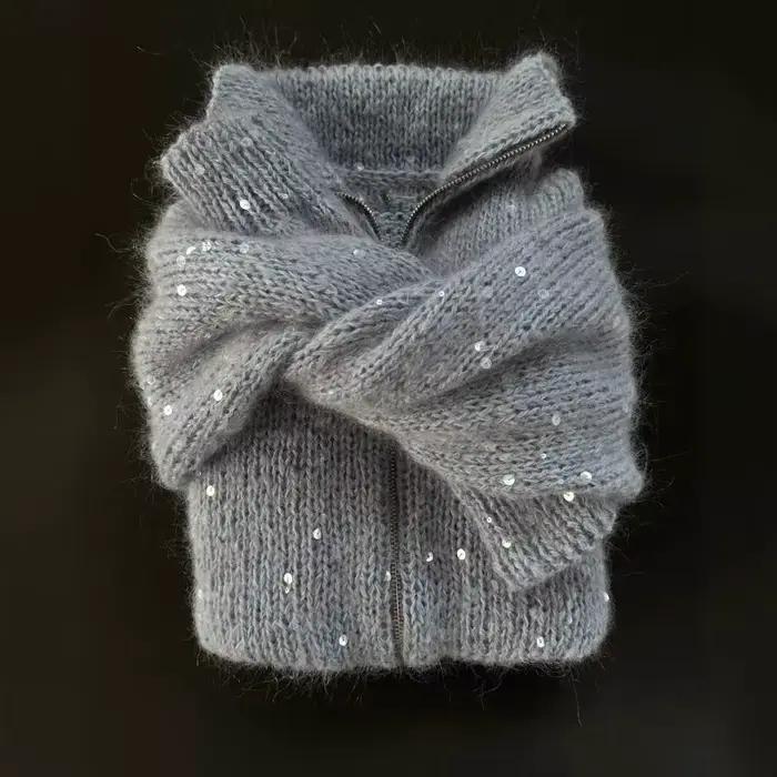 Pull à paillettes bywindto cardigan tricot brillant et décontracté pour femmes avec double fermeture éclair et col montant coréen pour automne hiver
