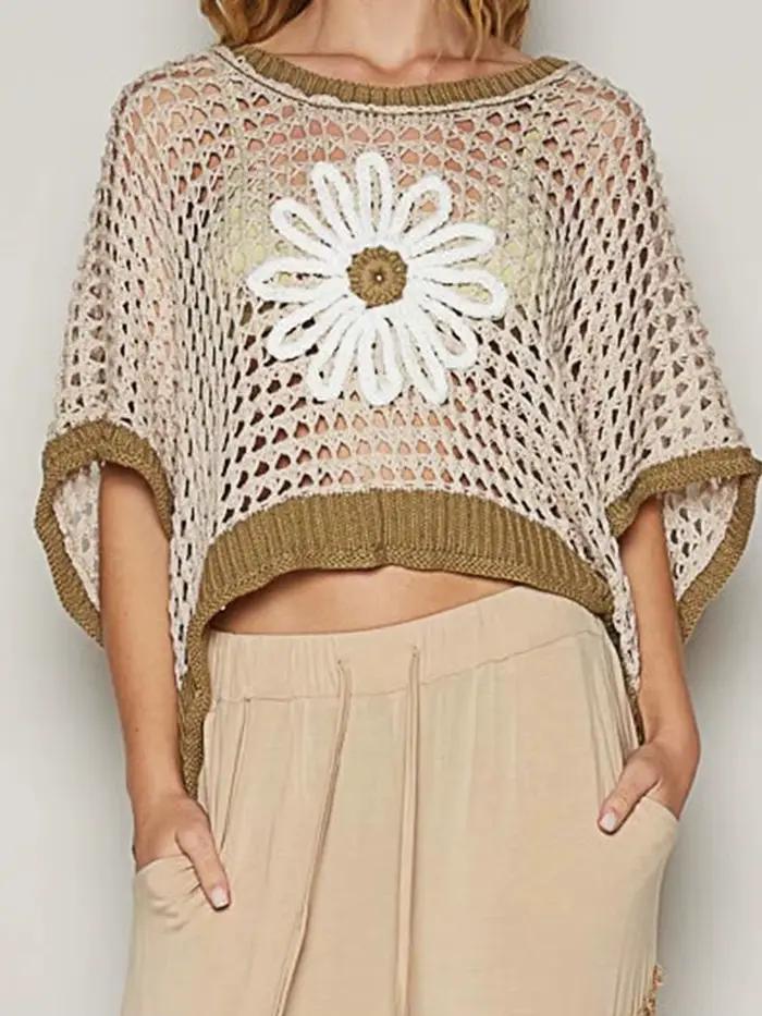 Haut ajouré au crochet pour femmes demi-manches broderie marguerite polyester tricots ajourés été plage ocassions spéciales