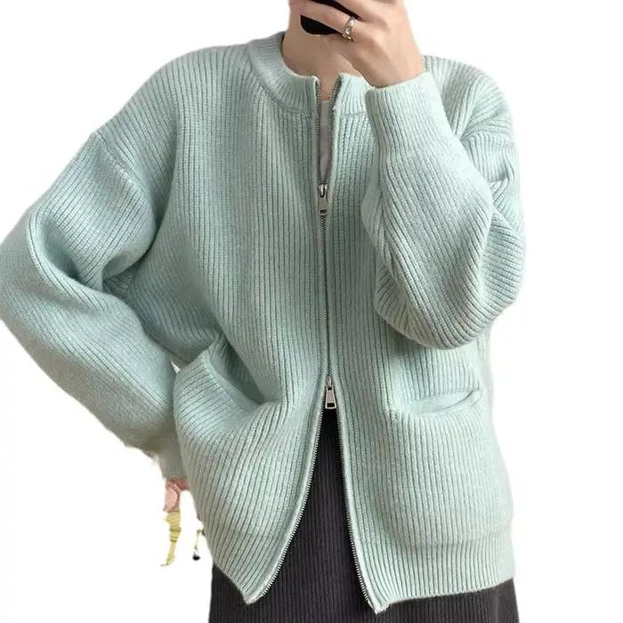 Pull tricoté ample et décontracté bywindto en polyester pour femme, automne hiver 2025, double fermeture éclair, style coréen