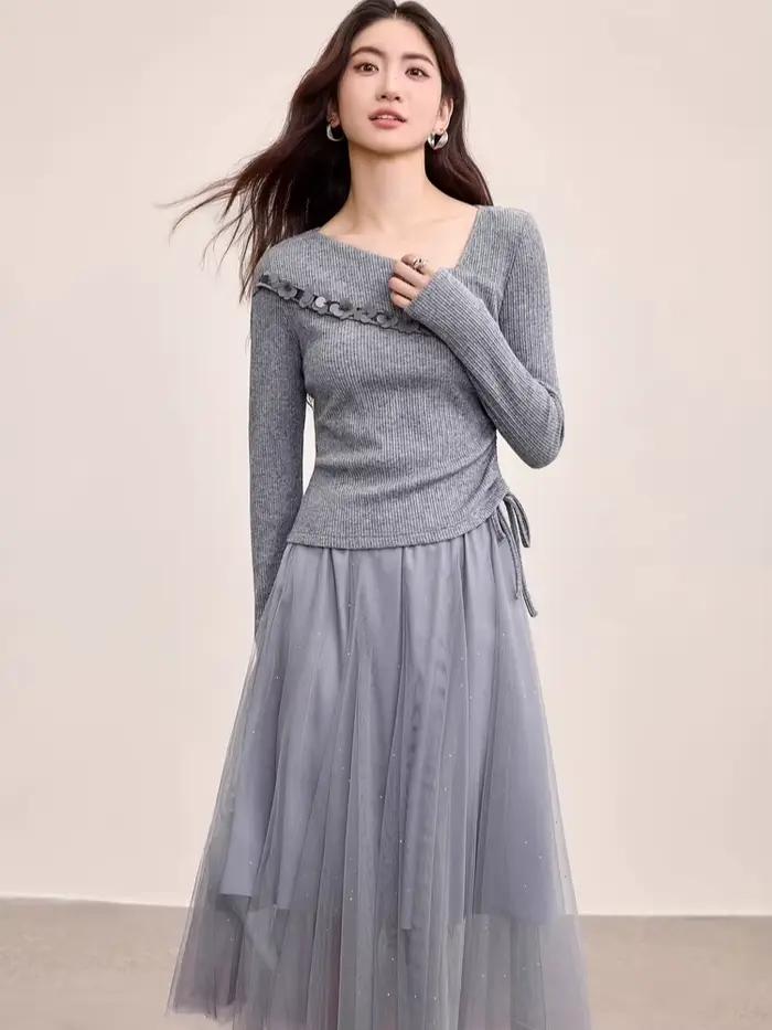 Ensemble jupe plissée et pull à sequins SENTUBILA pour femme automne 2026 élégant et confortable pour les occasions spéciales et les événements formels
