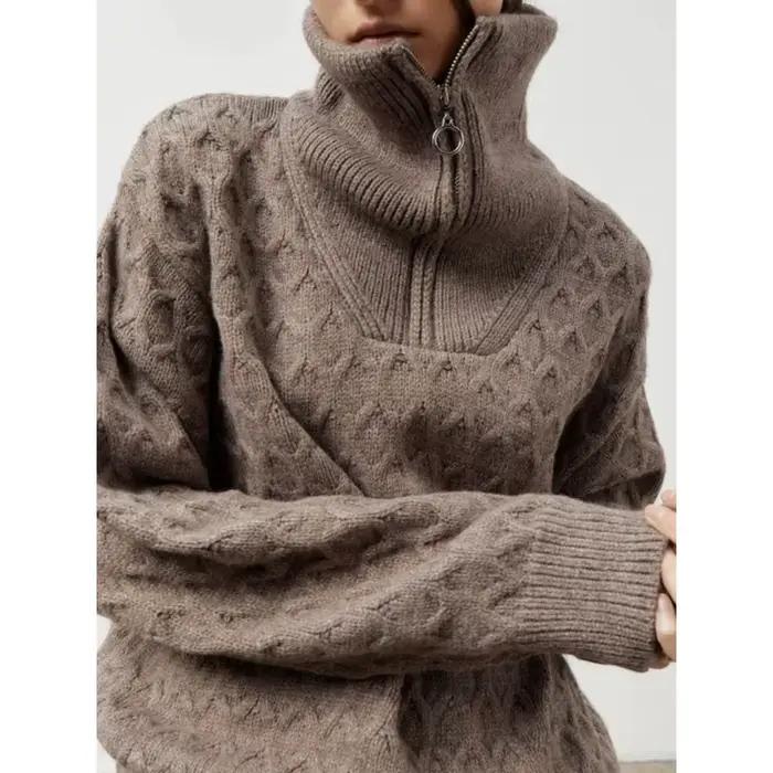 2025 automne/hiver nouveau Premium col haut demi-fermeture éclair pull femmes paresseux tricoté épais aiguille