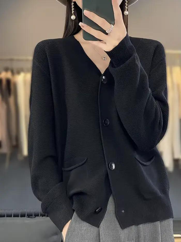 Pull cardigan en lin à manches longues et col en V pour femmes