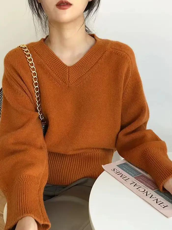 Pull vintage à col en V pour femme