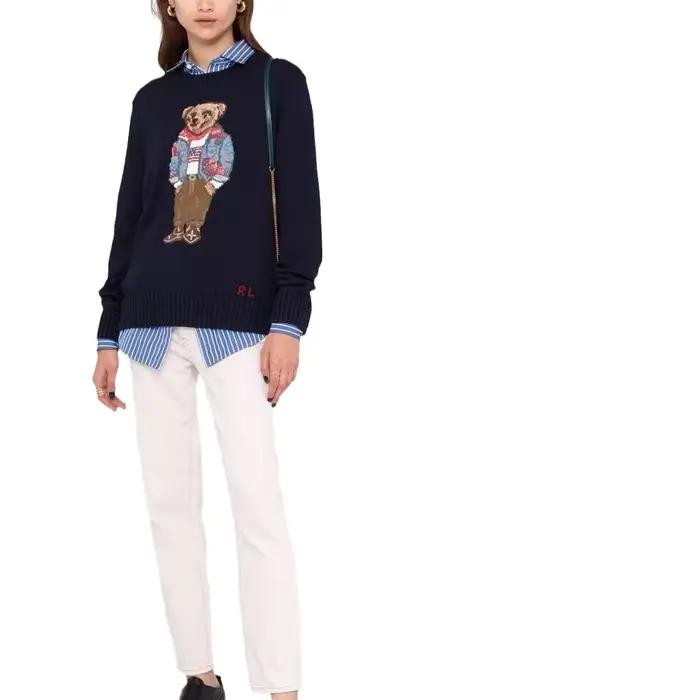 Classique brodé ours coton tricots coupe ample col rond polyvalent automne hiver femmes mode rue Style pull