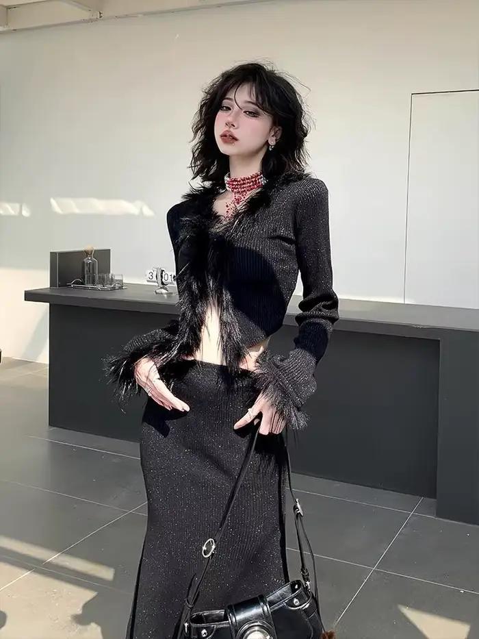 Cardigan Noir en Élasthanne et Acrylique Yedinas pour Femmes, Style Gothique Chic, Occasions Spéciales Automne Hiver Y2K