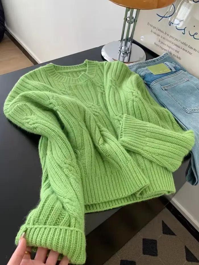 Pulls Verts Doux pour Femmes – Col Rond Tendance, Style Décontracté, Tricot Mignon, Coupe Ample, Style Preppy, Manches Longues, Automne Hiver