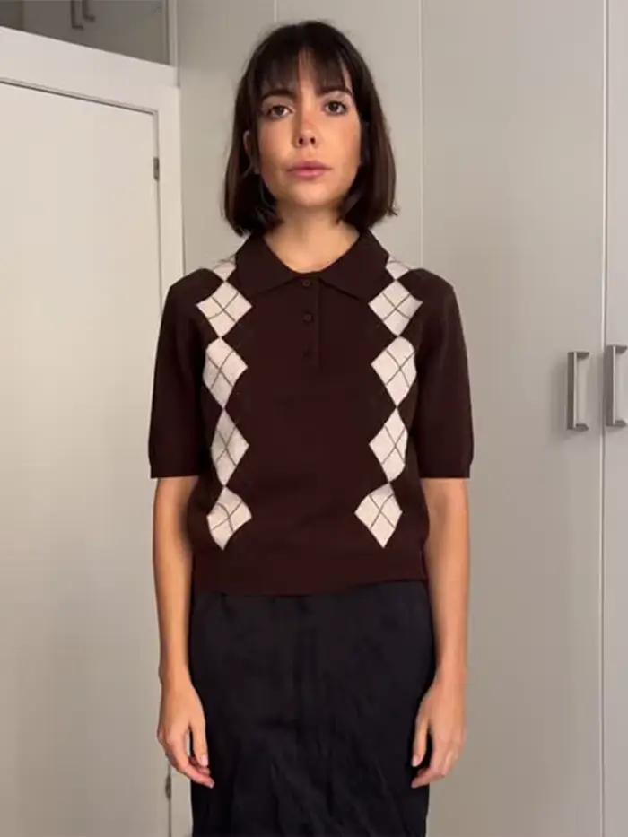 Pull à manches courtes en tricot diamant pour femme, décontracté et élégant pour l'été, amincissant et confortable pour diverses occasions