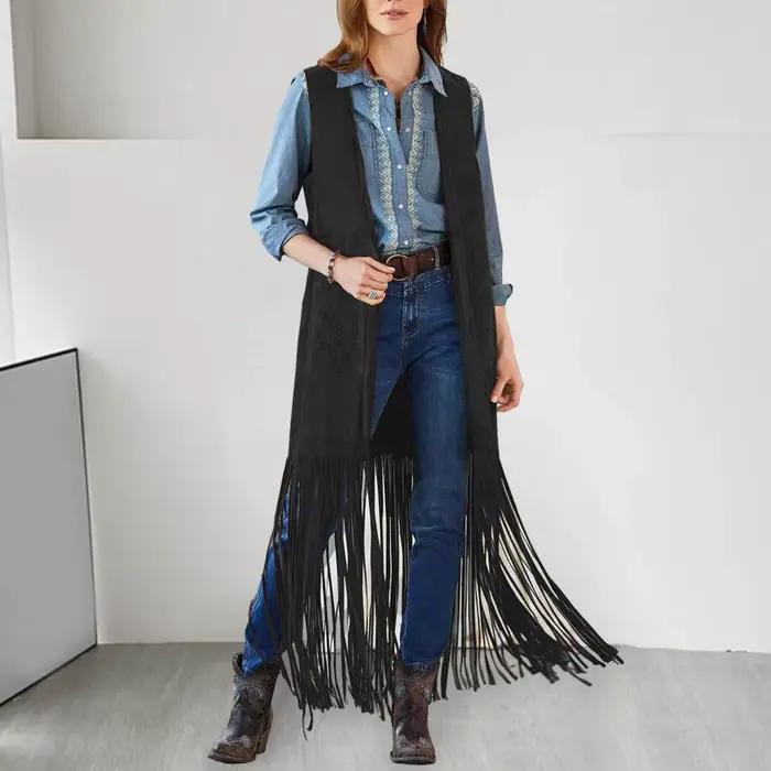 Gilet Occidental à Franges et Pompons pour Femmes Style Vintage Occasionnels Festivals Musique Concerts Country Soirées Costumées