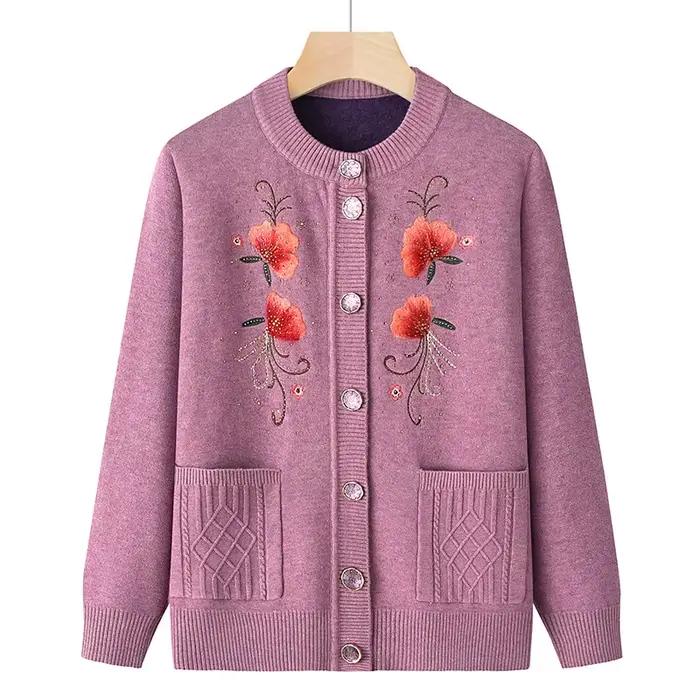 Pull XL-4XL femmes imprimé ajouter velours hiver Cardigan manteau d'âge moyen mère ogo veste chaude grand-mère