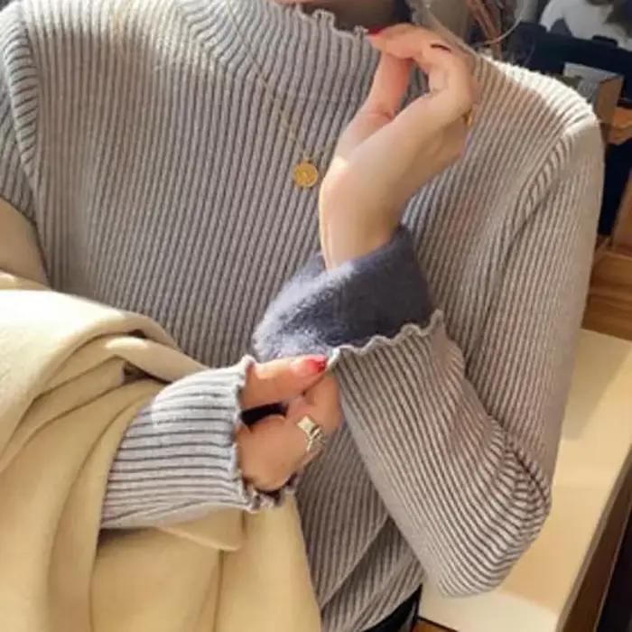 Automne hiver femmes volants col montant pull épaissir polaire chaud thermique