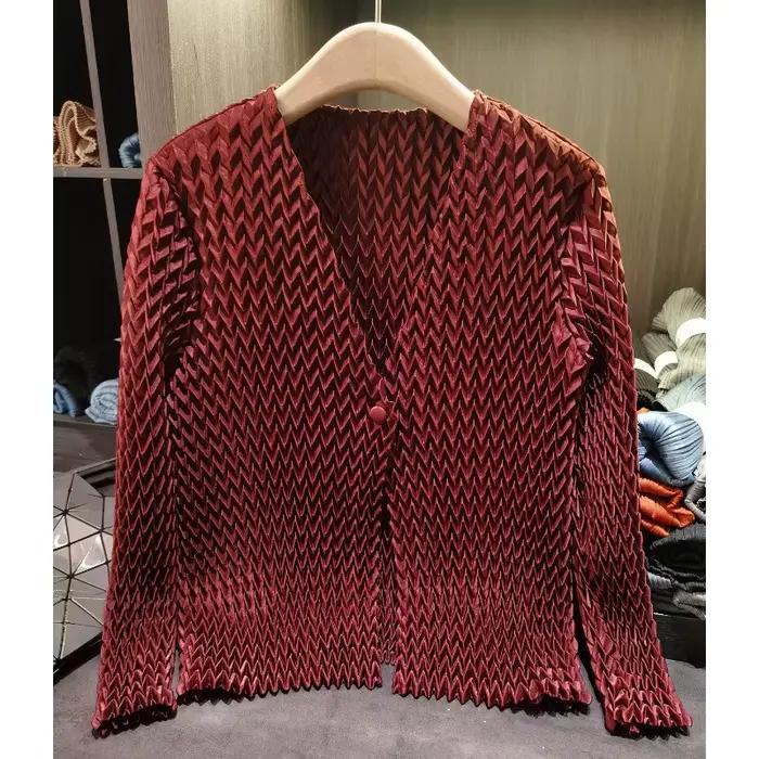 Cardigan plissé ondulé fait main Miyake pour femme 2026 – Nouvelle veste courte à col V