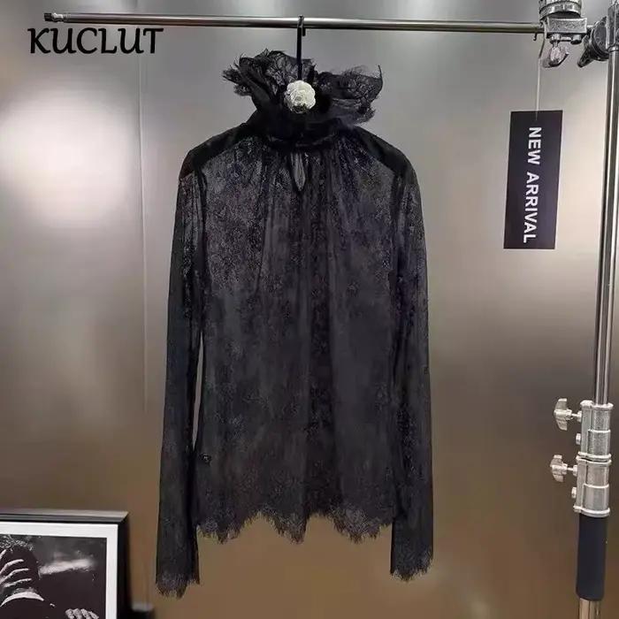KUCLUT 2025 automne hiver nouveau Style de dentelle noir col montant à manches longues chemise creuse pour les femmes chemisier polyvalent femme 1A1550