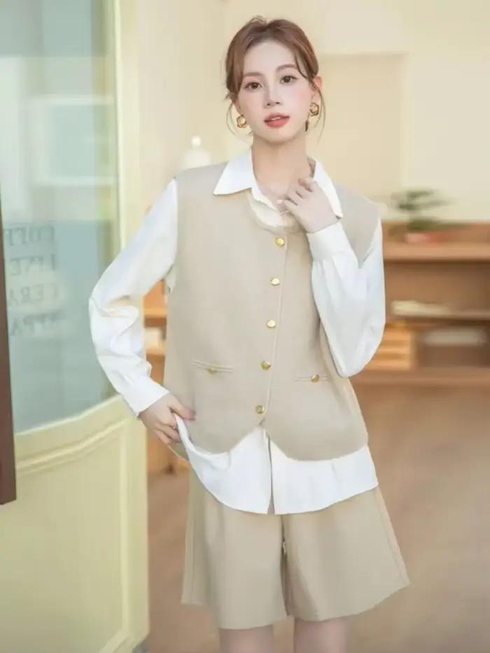 Gilet tricoté polyester pour femmes avec appliques col rond style streetwear automne hiver 2025 occassions spéciales