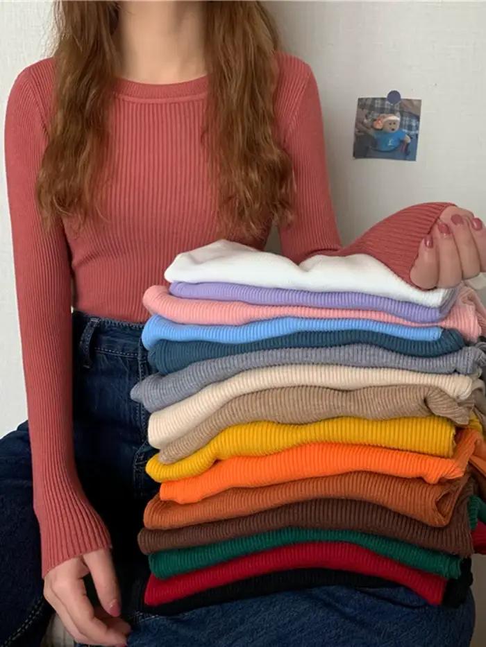 Nouveau Pull Femme 2026 Automne Hiver Manches Longues Col Rond Basique Tendance Élastique Tricoté Uni