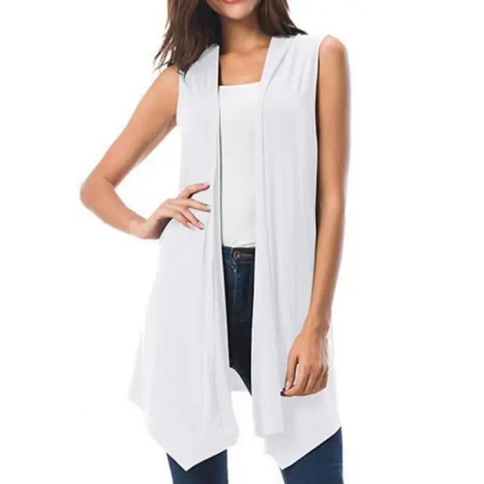 Femmes Cardigan gilet couleur unie sans manches débardeur ouvert sur le devant drapé mi-long ourlet