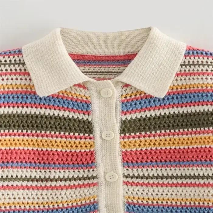 Pull court rayé en tricot au crochet pour femme, col polo, coupe ample, style décontracté, polyester, saison toute l'année, pour femmes matures, occasions spéciales, shopping, soirées