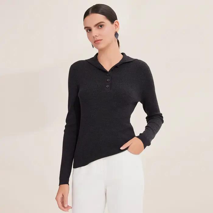 100% laine mérinos pull polo en tricot côtelé pour femme