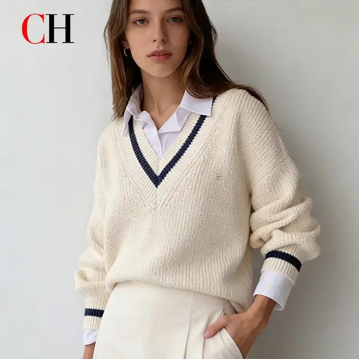 Pull-over en tricot de luxe pour femme, col en V, coupe ample, élégant, manches longues, pour le quotidien et le bureau occasions spéciales décontractées et professionnelles ```
