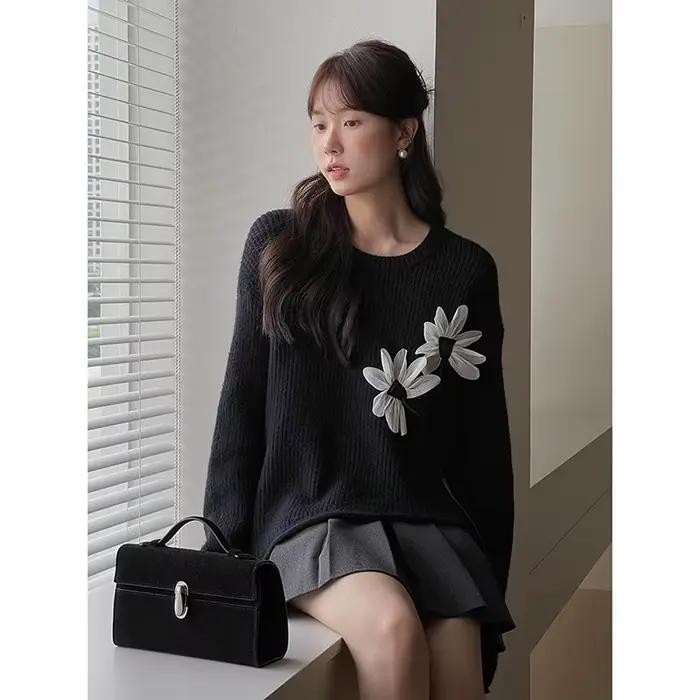 Pull rétro à fleurs tridimensionnelles pour femmes automne hiver polyester confortable occassions spéciales