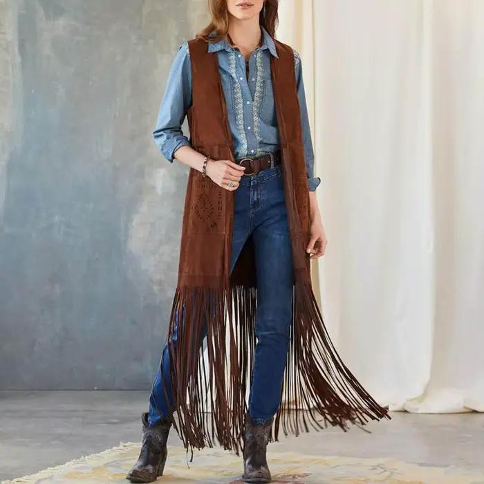 Gilet Occidental à Franges et Pompons pour Femmes Style Vintage Occasionnels Festivals Musique Concerts Country Soirées Costumées