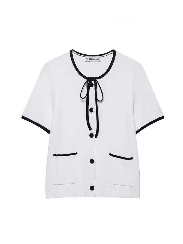 HH femmes mode pull hauts blanc col rond manches courtes poches nœud à lacets simple boutonnage femme décontracté tricoté Cardigan