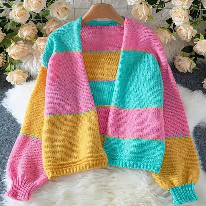 Femmes chandails Cardigan automne hiver femme à manches longues tricoté hauts dames mode Patchwork vêtements d'extérieur décontracté tricots amples