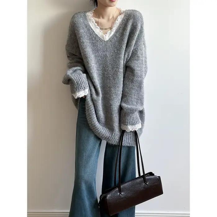 Pull chaud à bordure en dentelle pour femme