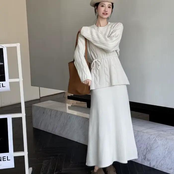 Ensemble tricoté filaire à col rond pour femme