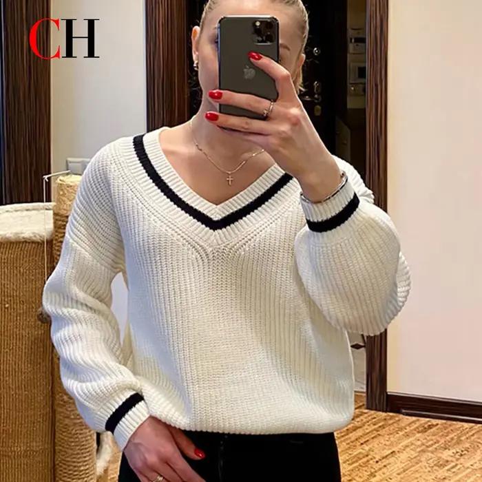 Pull-over en tricot de luxe pour femme, col en V, coupe ample, élégant, manches longues, pour le quotidien et le bureau occasions spéciales décontractées et professionnelles ```
