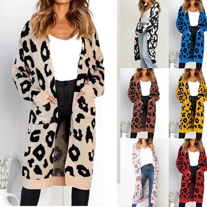Pull imprimé léopard, Cardigan tricoté ample mi-long pour femme
