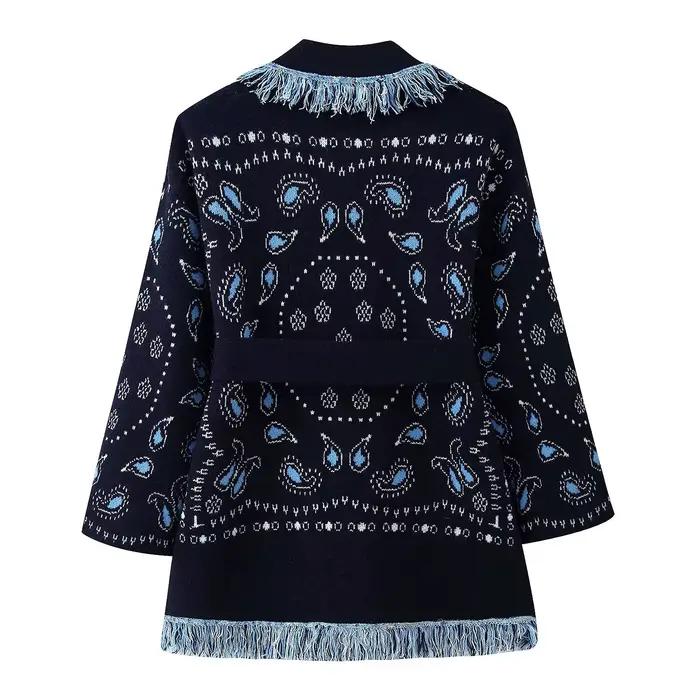 Cardigan en tricot à franges avec ceinture et motif géométrique pour femmes style rétro confortable et élégant pour diverses occasions